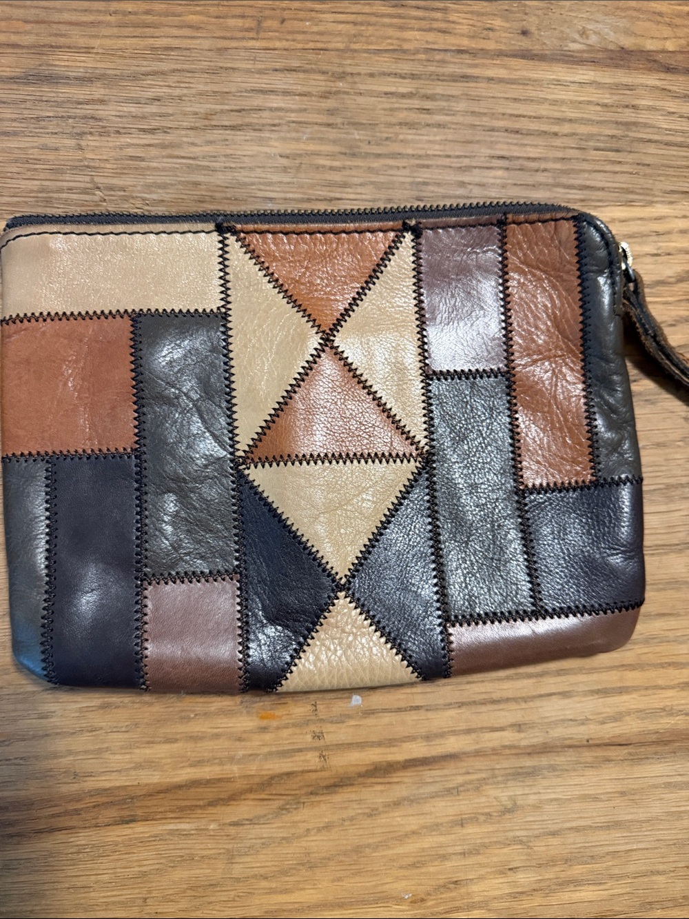 Patchwork Leather Wristlet Clutch in Brown and Black by Patricia Nash